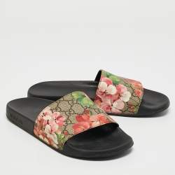 Pre Owned Gucci Pink/Black GG Bloom Supreme Canvas Slide Flats Size 39