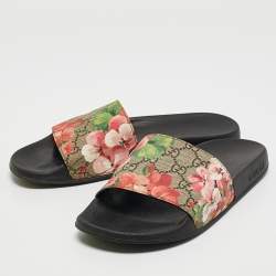 Pre Owned Gucci Pink/Black GG Bloom Supreme Canvas Slide Flats Size 39