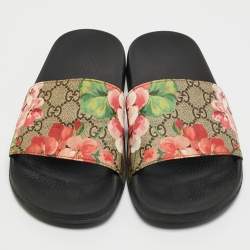 Pre Owned Gucci Pink/Black GG Bloom Supreme Canvas Slide Flats Size 39