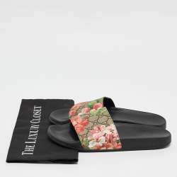 Pre Owned Gucci Pink/Black GG Bloom Supreme Canvas Slide Flats Size 39