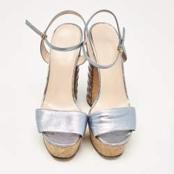 Gucci Blue Leather Claudie Ankle Strap Platform Sandals Size 37