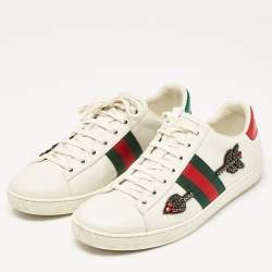 Pre Owned Gucci White Leather and Snakeskin Embossed Leather Ace Lace Up Sneakers Size 38