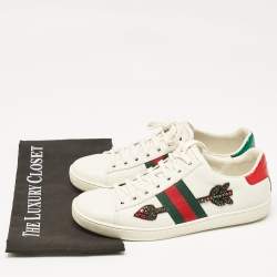 Pre Owned Gucci White Leather and Snakeskin Embossed Leather Ace Lace Up Sneakers Size 38