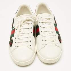 Pre Owned Gucci White Leather and Snakeskin Embossed Leather Ace Lace Up Sneakers Size 38