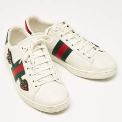 Pre Owned Gucci White Leather and Snakeskin Embossed Leather Ace Lace Up Sneakers Size 38