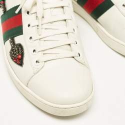 Pre Owned Gucci White Leather and Snakeskin Embossed Leather Ace Lace Up Sneakers Size 38