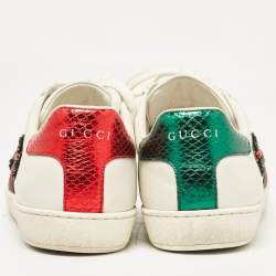 Pre Owned Gucci White Leather and Snakeskin Embossed Leather Ace Lace Up Sneakers Size 38