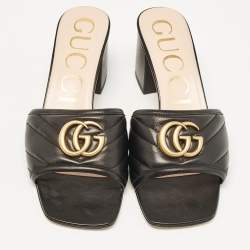 Pre Owned Gucci Black Leather GG Marmont Slide Sandals Size 38