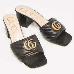 Pre Owned Gucci Black Leather GG Marmont Slide Sandals Size 38