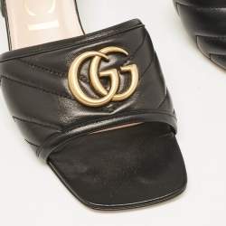 Pre Owned Gucci Black Leather GG Marmont Slide Sandals Size 38
