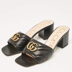 Pre Owned Gucci Black Leather GG Marmont Slide Sandals Size 38