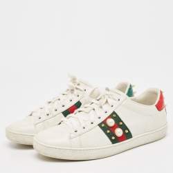 Gucci White Leather Faux Pearl and Spikes Embellished Ace Low Top Sneakers Size 36.5