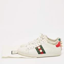 Gucci White Leather Faux Pearl and Spikes Embellished Ace Low Top Sneakers Size 36.5