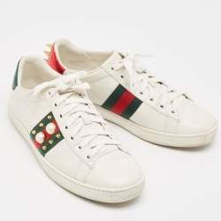 Gucci White Leather Faux Pearl and Spikes Embellished Ace Low Top Sneakers Size 36.5