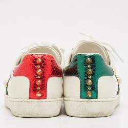 Gucci White Leather Faux Pearl and Spikes Embellished Ace Low Top Sneakers Size 36.5