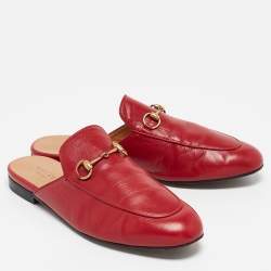 Pre Owned Gucci Red Leather Princetown Flat Mules Size 38.5