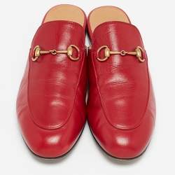 Pre Owned Gucci Red Leather Princetown Flat Mules Size 38.5