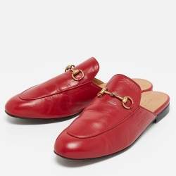 Pre Owned Gucci Red Leather Princetown Flat Mules Size 38.5
