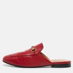 Pre Owned Gucci Red Leather Princetown Flat Mules Size 38.5