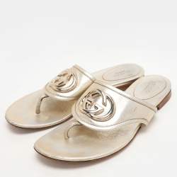 Gucci Metallic Gold Leather GG Interlocking Thong Slipper Size 38