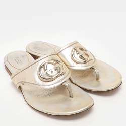 Gucci Metallic Gold Leather GG Interlocking Thong Slipper Size 38