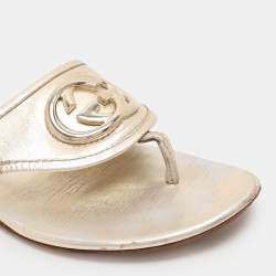 Gucci Metallic Gold Leather GG Interlocking Thong Slipper Size 38