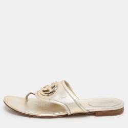 Gucci Metallic Gold Leather GG Interlocking Thong Slipper Size 38