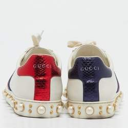 Gucci White Leather and Snakeskin Embossed Leather Ace Lace Up Sneakers Size 41
