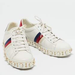 Gucci White Leather and Snakeskin Embossed Leather Ace Lace Up Sneakers Size 41