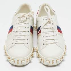 Gucci White Leather and Snakeskin Embossed Leather Ace Lace Up Sneakers Size 41