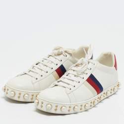 Gucci White Leather and Snakeskin Embossed Leather Ace Lace Up Sneakers Size 41
