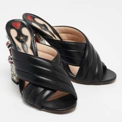 Pre Owned Gucci Black Quilted Leather Snake Embellished Slide Sandals Size 39