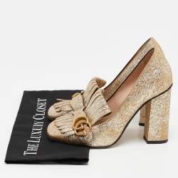 مملوكة مسبقًا Gucci Metallic Gold Leather GG Marmont Fringe Detail Block Heel Pumps Size 38.5