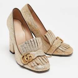 مملوكة مسبقًا Gucci Metallic Gold Leather GG Marmont Fringe Detail Block Heel Pumps Size 38.5