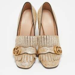 مملوكة مسبقًا Gucci Metallic Gold Leather GG Marmont Fringe Detail Block Heel Pumps Size 38.5