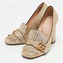 مملوكة مسبقًا Gucci Metallic Gold Leather GG Marmont Fringe Detail Block Heel Pumps Size 38.5