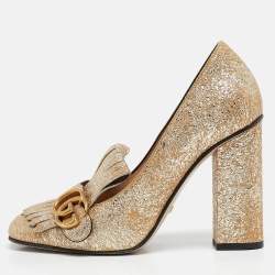 مملوكة مسبقًا Gucci Metallic Gold Leather GG Marmont Fringe Detail Block Heel Pumps Size 38.5