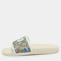 Gucci Cream/Brown GG Supreme Canvas Blooms Flat Slides Size 38