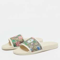 Gucci Cream/Brown GG Supreme Canvas Blooms Flat Slides Size 38