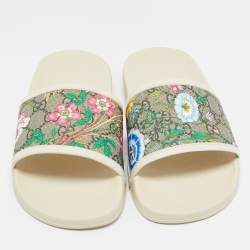 Gucci Cream/Brown GG Supreme Canvas Blooms Flat Slides Size 38