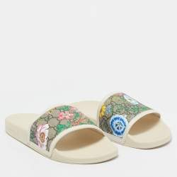 Gucci Cream/Brown GG Supreme Canvas Blooms Flat Slides Size 38