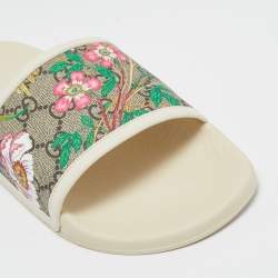 Gucci Cream/Brown GG Supreme Canvas Blooms Flat Slides Size 38