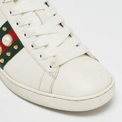 Gucci White Leather Faux Pearl and Spikes Embellished Ace Low Top Sneakers Size 38