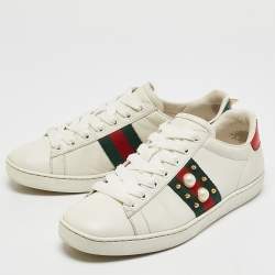 Gucci White Leather Faux Pearl and Spikes Embellished Ace Low Top Sneakers Size 38