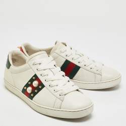 Gucci White Leather Faux Pearl and Spikes Embellished Ace Low Top Sneakers Size 38