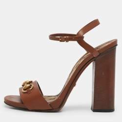 Pre Owned Gucci Brown Leather Horsebit Ankle Strap Sandals Size 39