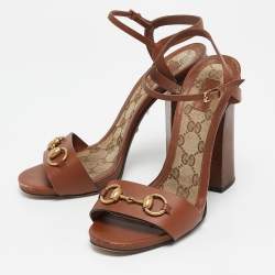Pre Owned Gucci Brown Leather Horsebit Ankle Strap Sandals Size 39