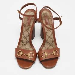 Pre Owned Gucci Brown Leather Horsebit Ankle Strap Sandals Size 39