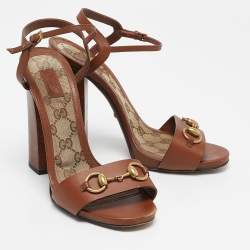 Pre Owned Gucci Brown Leather Horsebit Ankle Strap Sandals Size 39