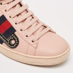 Gucci Pink Leather Crystal Embellished 'Safety Pin' Ace Low Top Sneakers Size 35